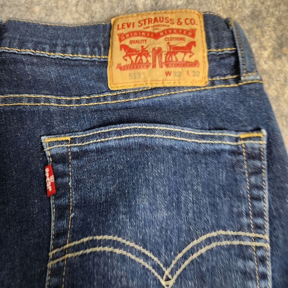 Levis 513 Jeans Men 32x31 Blue Dark Wash Slim Straight Denim Embroidered Skater‎ - Picture 9 of 9